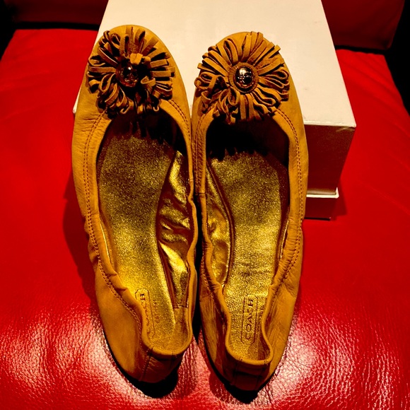 Coach Beautiful Nude Suede Gold Leather Lining Logo Flower Flats - Picture 9 of 12
